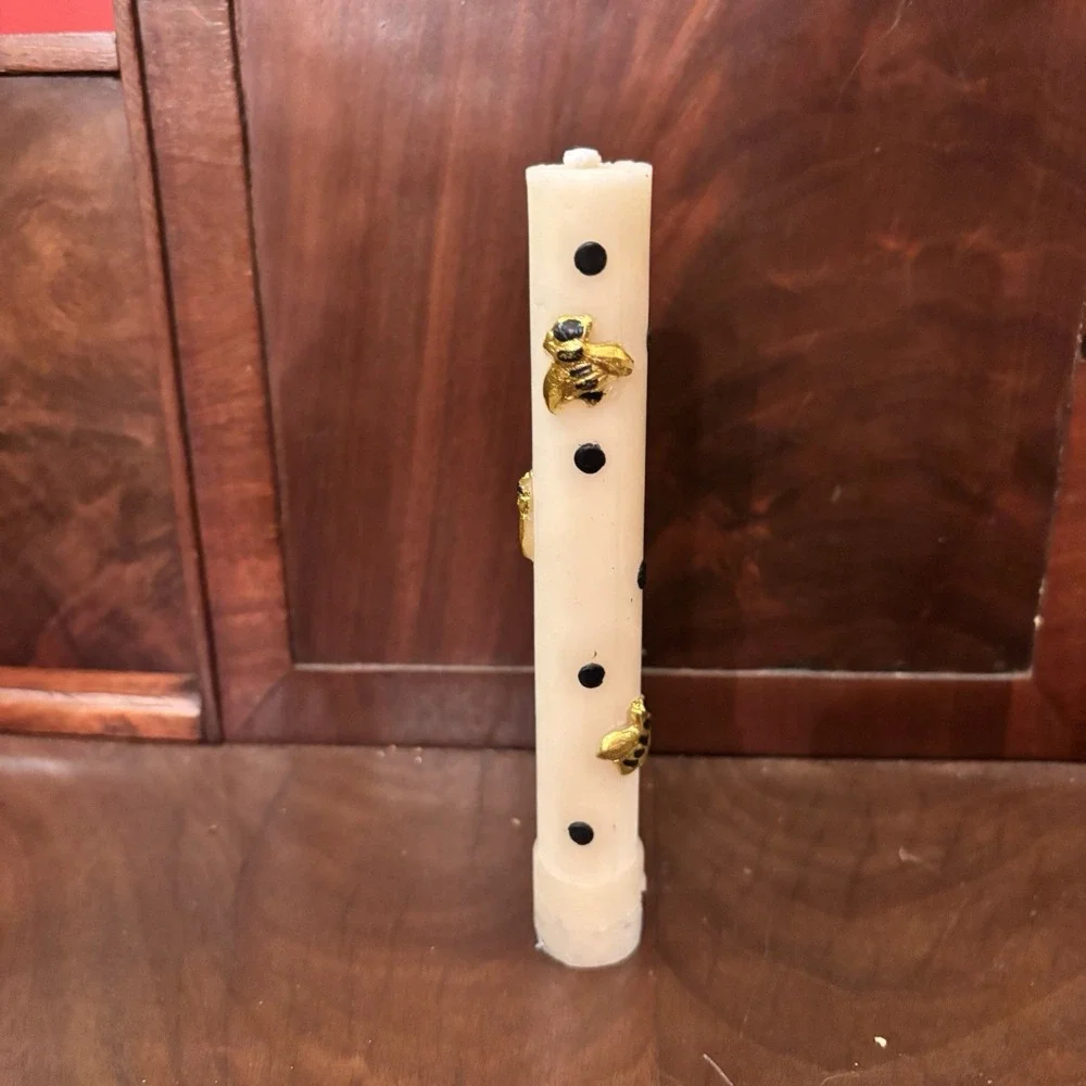 MacKenzie Childs Bee Mini Dinner Candles Lot 5 Beeswax Black Gold Polka Dot